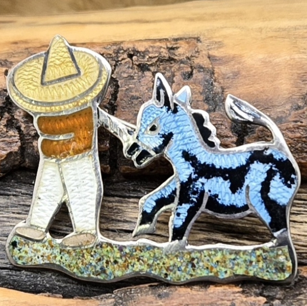 Hecho En Mexico Sterling Brooch Man & Donkey Enamel Handcrafted